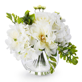Cream Hydrangea  Rose and Peony Mixed Silk Flower in Round Clear Glass Vase