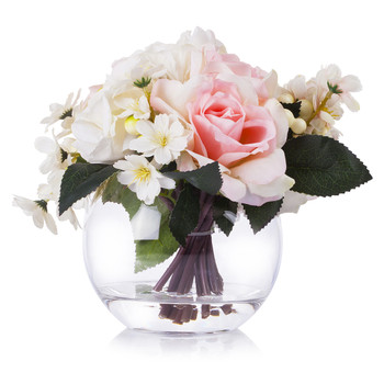 Cream Pink Mixed Rose Silk Flower Arrangement in Round Clear Glass Vase With Faux Water