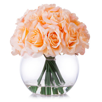 21 Heads Peach Rose Silk Flower Arrangement in Round Clear Glass Vase With Faux Water