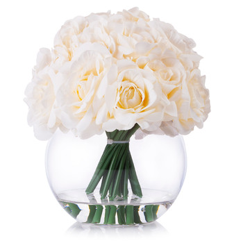 21 Heads Cream Rose Silk Flower Arrangement in Round Clear Glass Vase With Faux Water