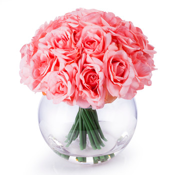 21 Heads Pink Rose Silk Flower Arrangement in Round Clear Glass Vase With Faux Water