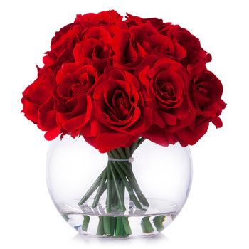 21 Heads Red Rose Silk Flower Arrangement in Round Clear Glass Vase With Faux Water