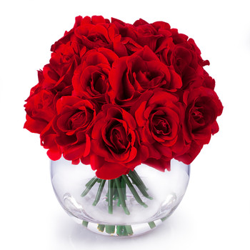 21 Heads Red Rose Silk Flower Arrangement in Round Clear Glass Vase With Faux Water