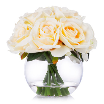 10 Heads Beige  Rose Silk Flower Arrangement in Round Clear Glass Vase With Faux Water