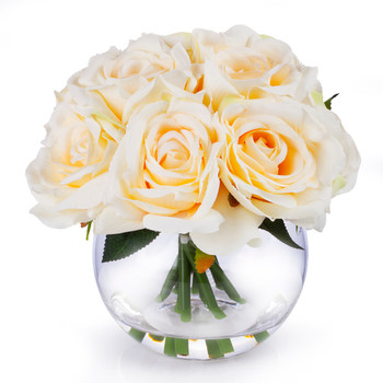 10 Heads Beige  Rose Silk Flower Arrangement in Round Clear Glass Vase With Faux Water
