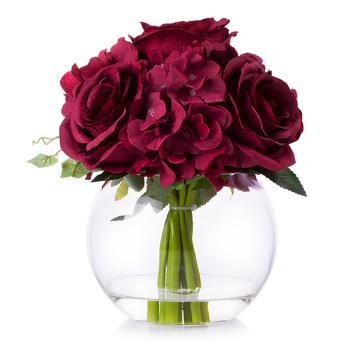 Burgundy Mixed Rose and Hydrangea Flower Arrangement in Clear Glass Vase With Faux Water