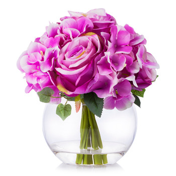 Purple Mixed Rose and Hydrangea Flower Arrangement in Clear Glass Vase With Faux Water