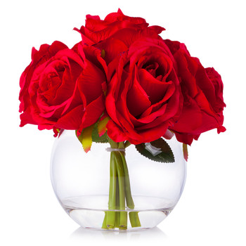 7 Heads Red Large Rose Flower Arrangement in Clear Glass Vase With Faux Water