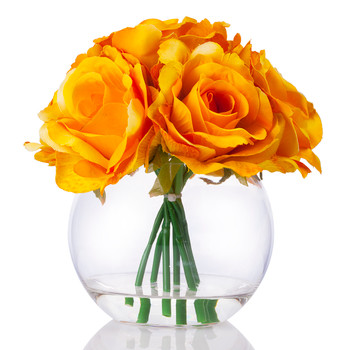 7 Heads Yellow Large Rose Flower Arrangement in Clear Glass Vase With Faux Water