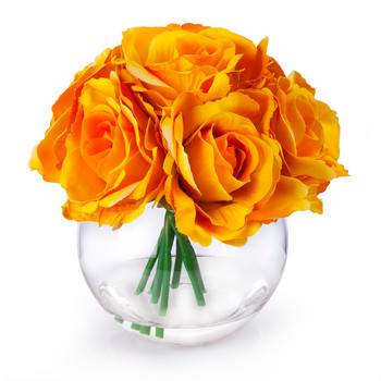 7 Heads Yellow Large Rose Flower Arrangement in Clear Glass Vase With Faux Water