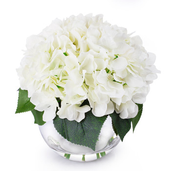 Cream Hydrangea Flower Arrangement in Clear Glass Vase With Faux Water