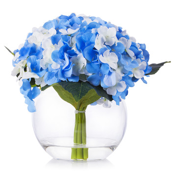 Blue Cream Silk Hydrangea Flower Arrangement in Clear Glass Vase With Faux Water