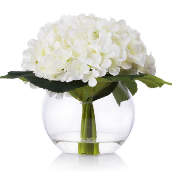 Cream Silk Hydrangea Flower Arrangement in Clear Glass Vase With Faux Water