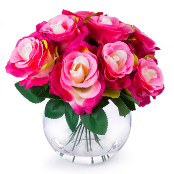 Pink Red Silk Rose Flower Arrangement in Clear Glass Vase With Faux Water