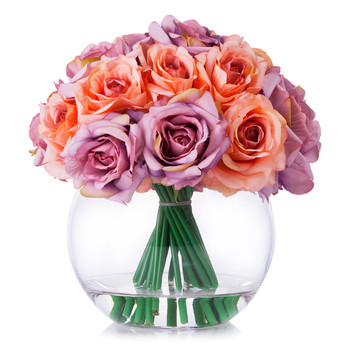 Purple Peach Silk Rose Flower Arrangement in Clear Glass Vase With Faux Water