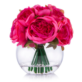 Purple  Red Silk Peony Flower Arrangement in Clear Glass Vase With Faux Water