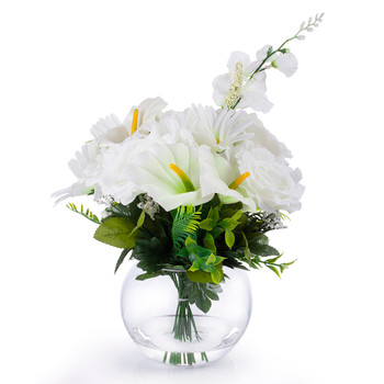 Cream Silk Rose Lily Flower Arrangement in Clear Glass Vase With Faux Water