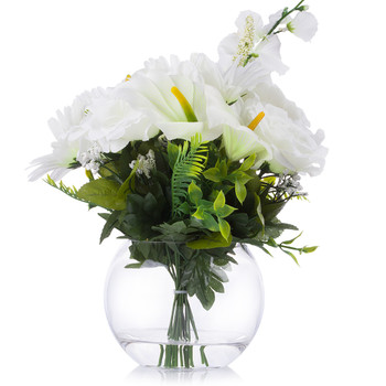 Cream Silk Rose Lily Flower Arrangement in Clear Glass Vase With Faux Water