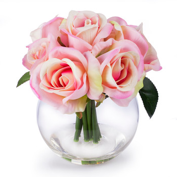 Pink Velet  Rose Flower Arrangement in Clear Glass Vase With Faux Water