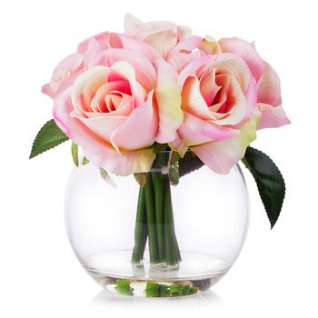 Pink Velet  Rose Flower Arrangement in Clear Glass Vase With Faux Water