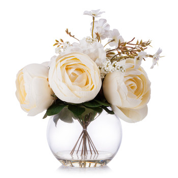 Beige Silk Peony and Hydrangea Flower Arrangement in Clear Glass Vase With Faux Water