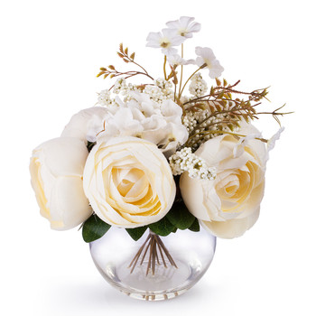 Beige Silk Peony and Hydrangea Flower Arrangement in Clear Glass Vase With Faux Water