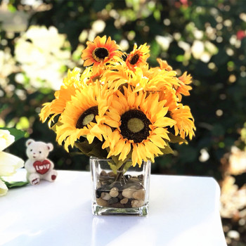 Mixed Sunflower Arrangement in Cube Glass Vase With River Rock and Faux Water
