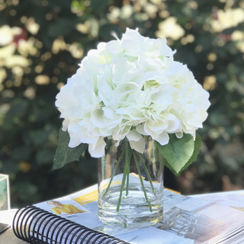Cream Silk Hydrangea Flower Arrangement in Glass Vase With Faux Water