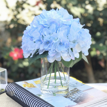 Azure Silk Hydrangea Flower Arrangement in Glass Vase With Faux Water