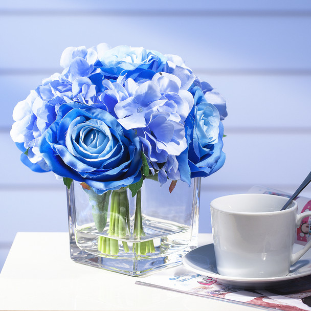 Blue Silk Hydrangea and Rose Flower Arrangement in Cube Glass Vase With Faux Water