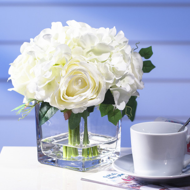 Cream Silk Hydrangea and Rose Flower Arrangement in Cube Glass Vase With Faux Water Cream Silk Hydrangea and Rose Flower Arrangement in Cube Glass Vase With Faux Water