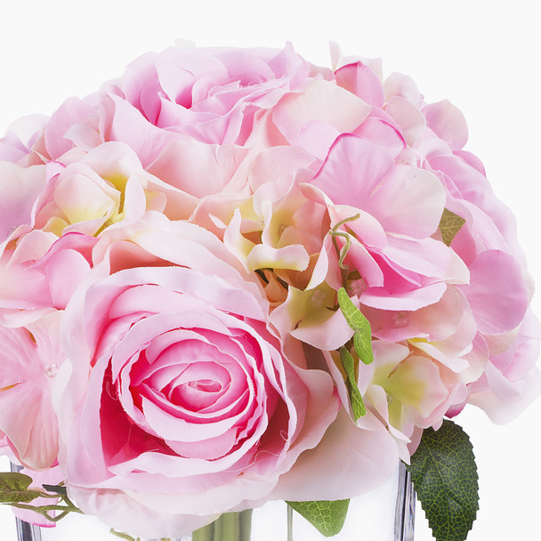 Pink Silk Hydrangea and Rose Flower Arrangement in Cube Glass Vase With Faux Water