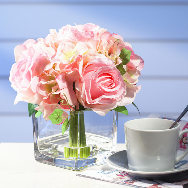 Pink Silk Hydrangea and Rose Flower Arrangement in Cube Glass Vase With Faux Water