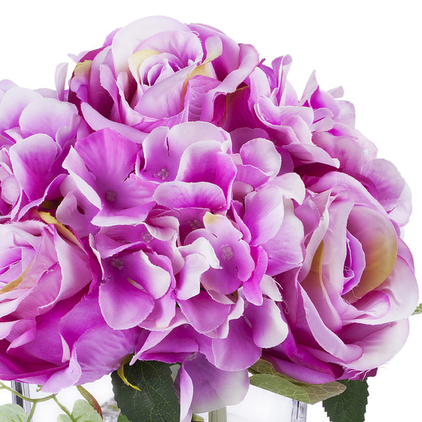 Purple Silk Hydrangea and Rose Flower Arrangement in Cube Glass Vase With Faux Water