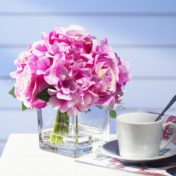 Purple Silk Hydrangea and Rose Flower Arrangement in Cube Glass Vase With Faux Water
