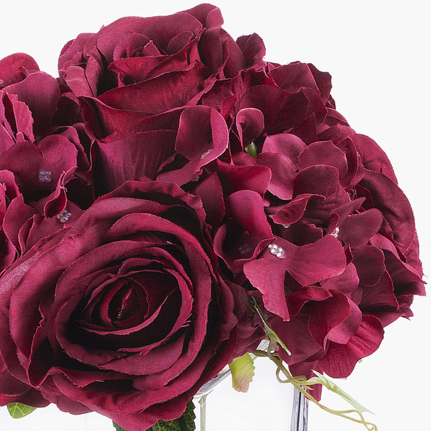 Burgundy Silk Hydrangea and Rose Flower Arrangement in Cube Glass Vase With Faux Water Burgundy Silk Hydrangea and Rose Flower Arrangement in Cube Glass Vase With Faux Water