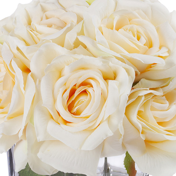 Peach Silk Open Rose Flower Arrangement in Cube Glass Vase With Faux Water