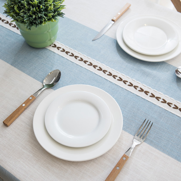 Light Blue High Quality Rectangle Cotton and Linen Tablecloth with Tassels