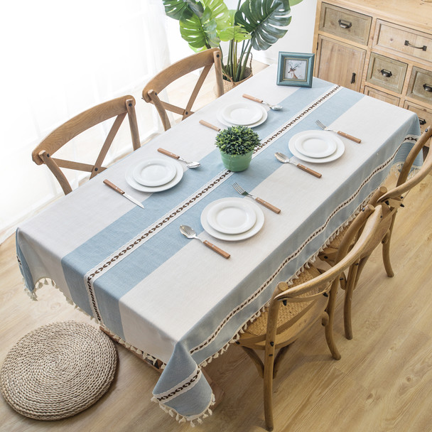 Light Blue High Quality Rectangle Cotton and Linen Tablecloth with Tassels
