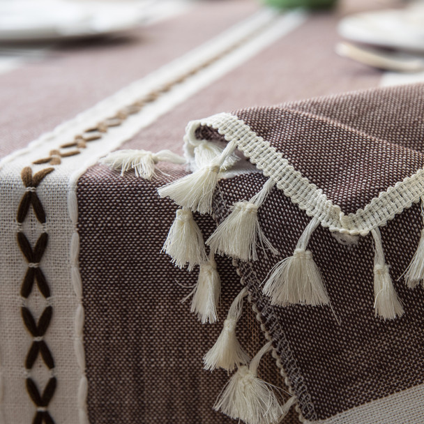 Purple Beige High Quality Rectangle Cotton and Linen Tablecloth with Tassels