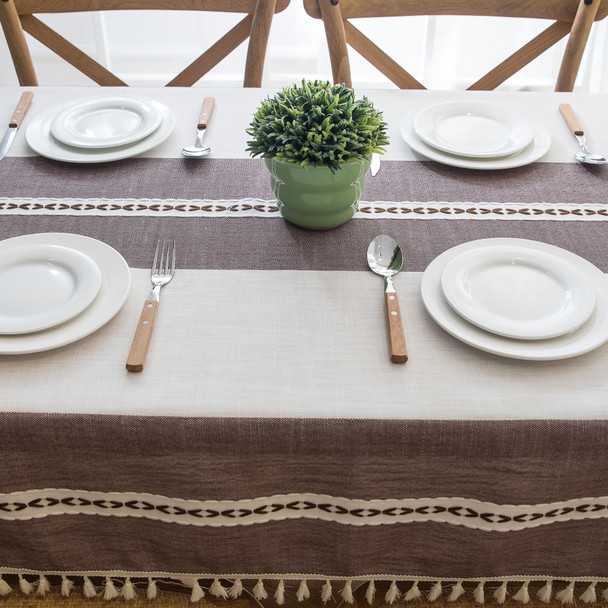 Purple Beige High Quality Rectangle Cotton and Linen Tablecloth with Tassels