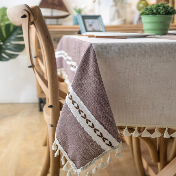 Purple Beige High Quality Rectangle Cotton and Linen Tablecloth with Tassels