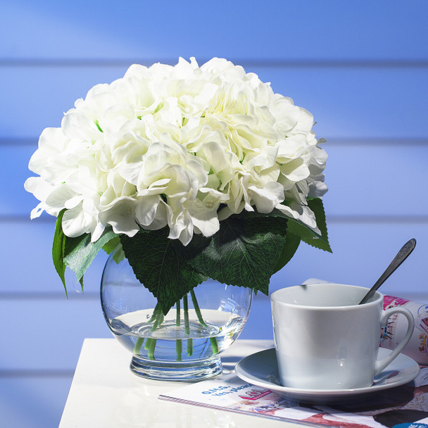 Cream Silk Hydrangea Flower Arrangement in Clear Glass Vase With Faux Water Cream Silk Hydrangea Flower Arrangement in Clear Glass Vase With Faux Water