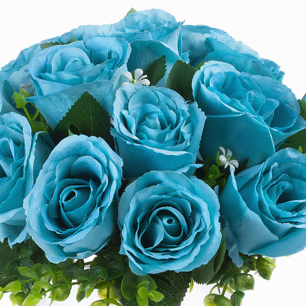Aqua Silk Open Rose Flower Arrangement in Clear Glass Vase With Faux Water