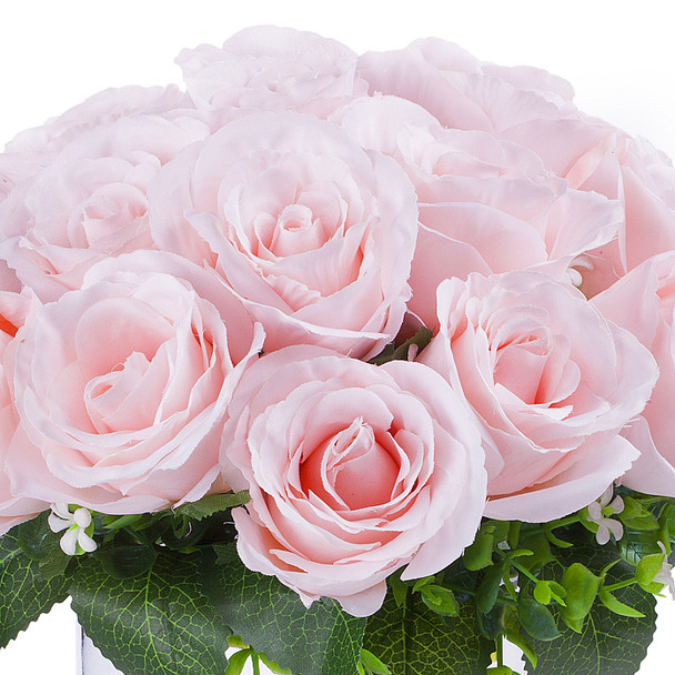 Pink Silk Open Rose Flower Arrangement in Clear Glass Vase With Faux Water