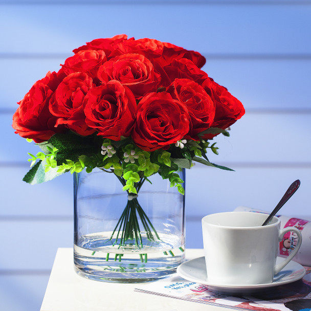 Red Silk Open Rose Flower Arrangement in Clear Glass Vase With Faux Water Red Silk Open Rose Flower Arrangement in Clear Glass Vase With Faux Water