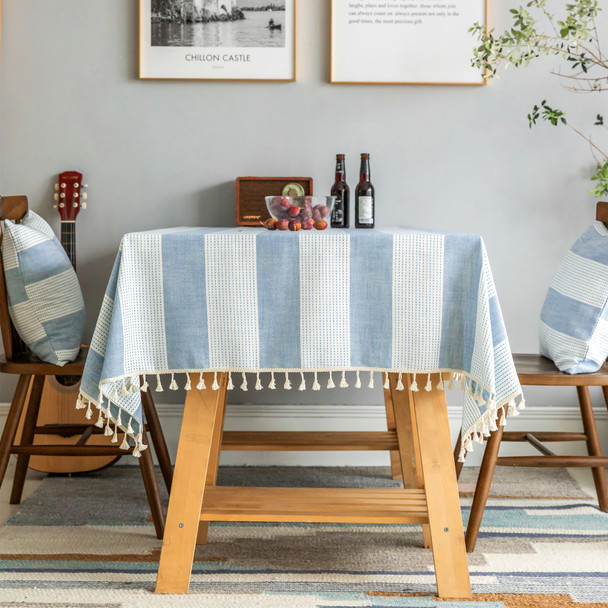 Light Blue High Quality Rectangle Cotton and Linen Tablecloth with Tassels For Dinning Table Light Blue High Quality Rectangle Cotton and Linen Tablecloth with Tassels For Dinning Table