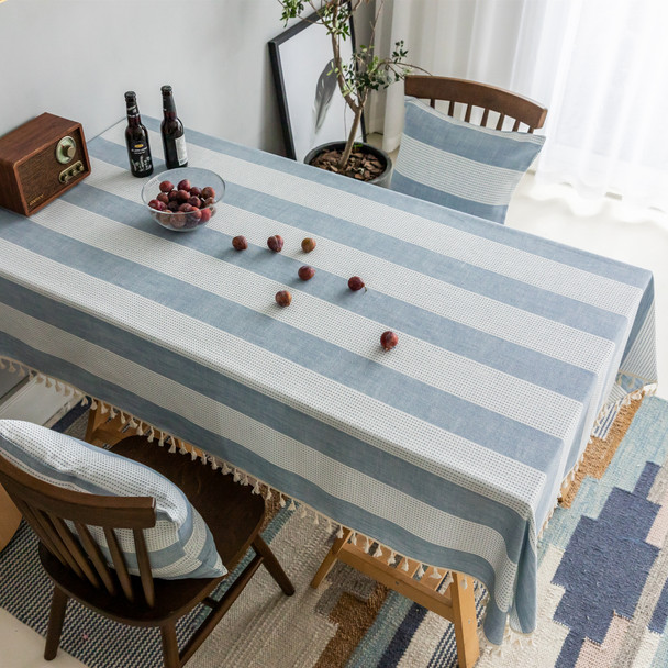 Light Blue High Quality Rectangle Cotton and Linen Tablecloth with Tassels For Dinning Table Light Blue High Quality Rectangle Cotton and Linen Tablecloth with Tassels For Dinning Table