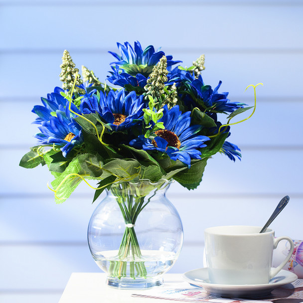 Blue Silk Sunflower Arrangement in Clear Glass Vase