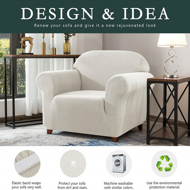 Ivory White Jacquard Polyester Spandex Fabric Box Cushion Armchair Slipcover Ivory White Jacquard Polyester Spandex Fabric Box Cushion Armchair Slipcover